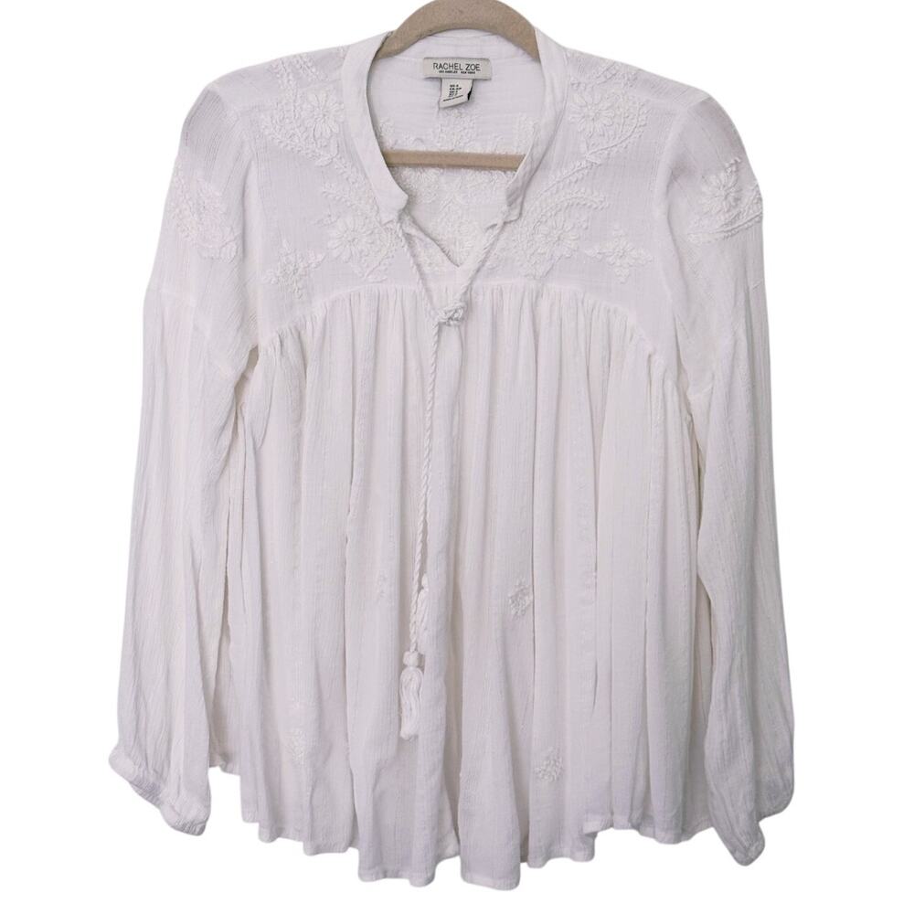 Rachel Zoe Embroidered Floral Tassel Oversized Blouse Small White Boho Cottage